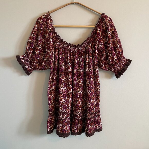 70s Style Floral Peasant Babydoll Puff Sleeve Ruffle Top Boho Cotton - Picture 8 of 9
